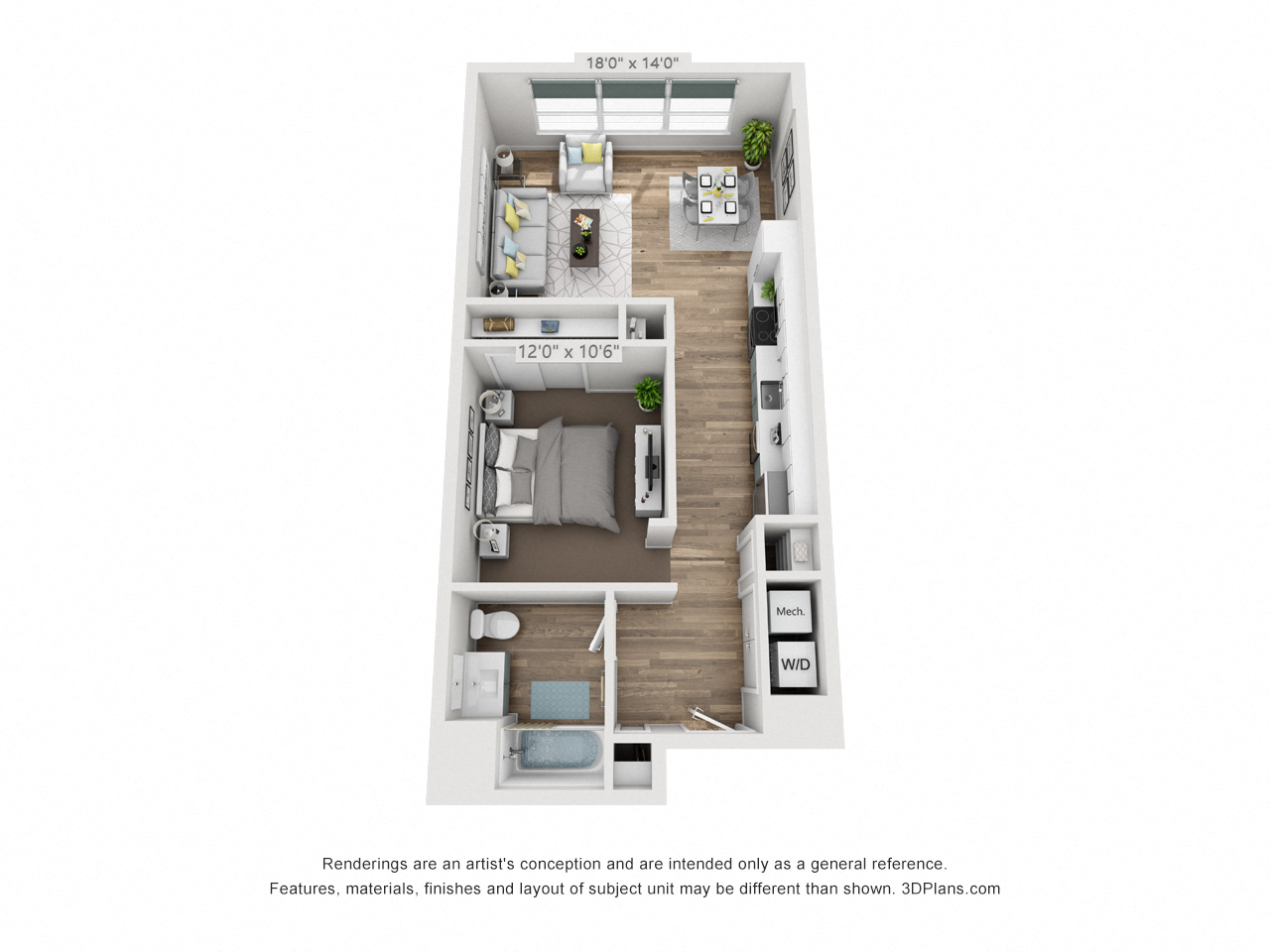Floor plan for 1 bed, 1 bath, 745 sqft